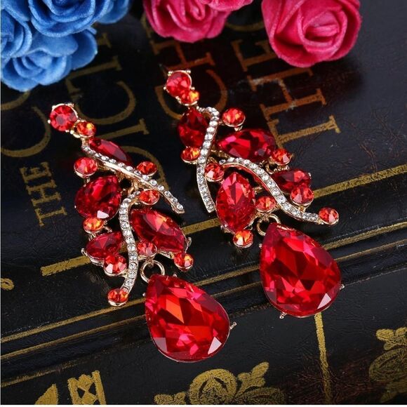 Yellow Gold with Ruby Red Austrian Crystal Teardrop Chandelier Post Earrings - Picture 2 of 5